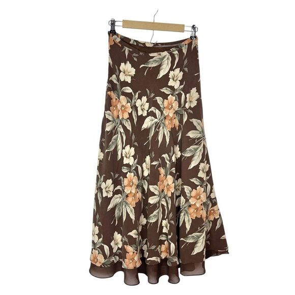 Vintage Silk Maxi A-Line Skirt Womens Sz 8 Brown cream Floral Lined Midi Flowy - Picture 4 of 16